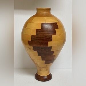 Vintage Wood Lathe Turned Mosaic Vase - Birch & Cocobolo Wood 12” x 8”